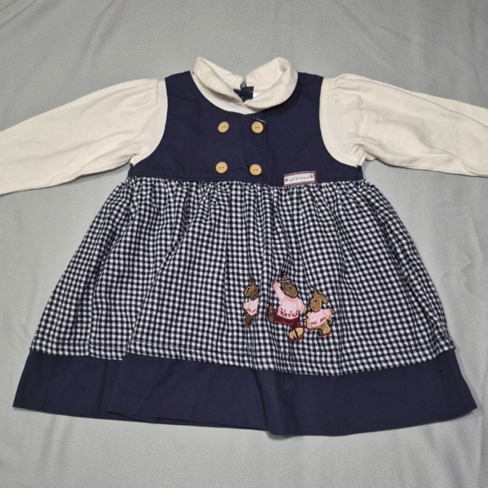 Vintage 2t Toddler Navy and White Gingham Dress with Embroidery